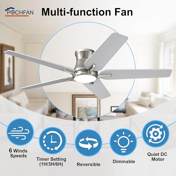POCHFAN 52 Inch Ceiling Fans with Lights and Remote, Brushed Nickel Flush Mount Low Profile Ceiling Fan for Bedroom, Living Room, Patio, Dimmable 6 Speeds Noiseless, ETL Listed