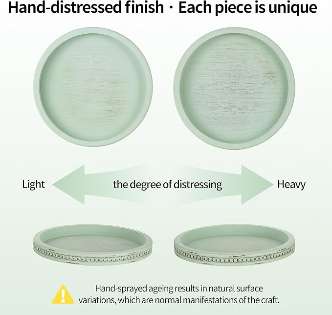 Hanobe Sage Green Decor Tray, Beaded Edge & Distressed Finish | 10.4" round wood tray for candle display, for coffee table centerpiece, living room, bedroom, kitchen.