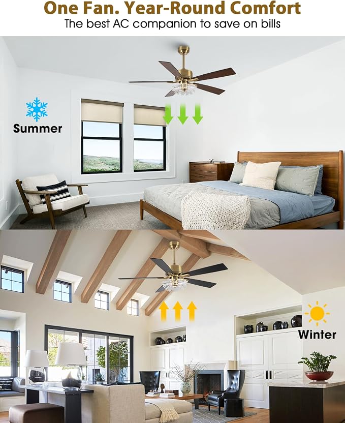 52 Inch Gold Ceiling Fans with Lights and Remote, Modern PS Petal Crystal Black and Gold Ceiling Fan for Bedroom Living Room Apartment 3CCT Dimmable Indoor Room Chandelier, 6 Speeds DC Motor