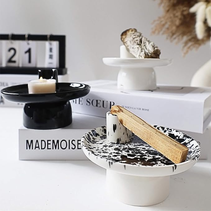 4-in-1 Ceramic Incense Burner Holder, 5-Inch Multipurpose Incense Ash Catcher for Sage, Palo Santo, Cone Incense and Candles (Black)