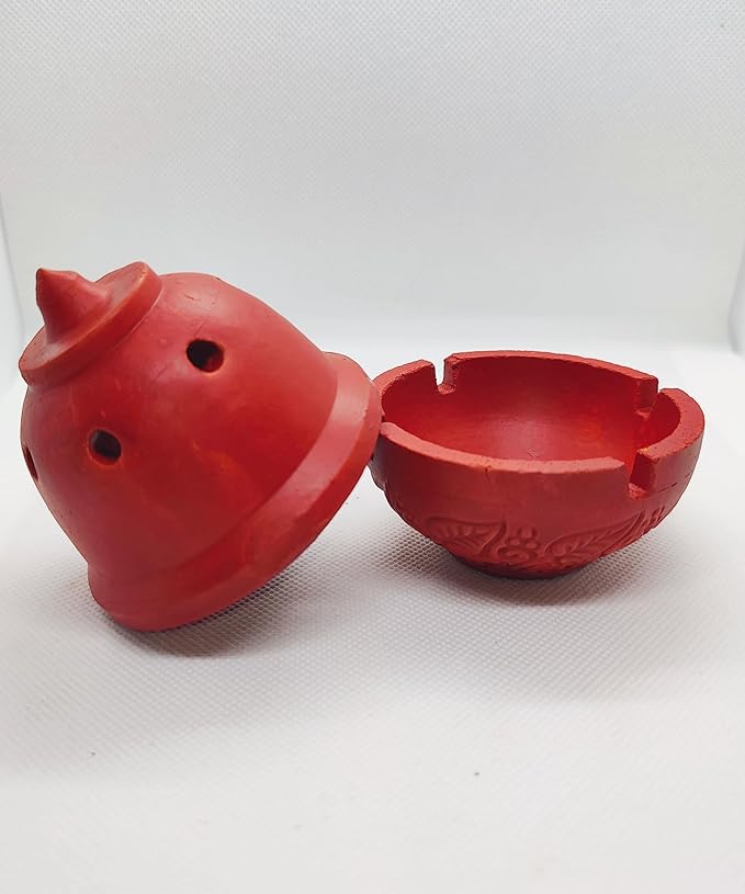 Traditional Clay Sambrani Dhoop Incense Holder, Terracotta Red, Decorative Bowl Shape with Lid, for Home Temple Pooja