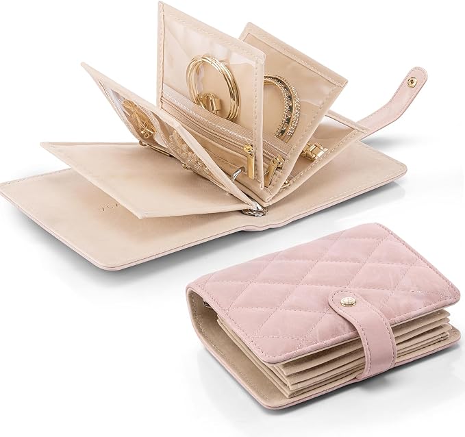 VLANDO Travel Jewelry Organizer Case,Gifts for Women,Portable Jewelry Storage Book Ring Binder with Clear Zipper Velvet Pouch Bag for Traveling,Rings,Necklace,Earrings,Bracelets,Brooches-Sand Pink