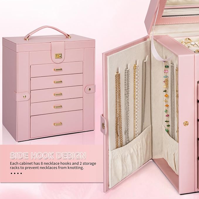 AKOZLIN 6-Tier Jewelry Box Organizer Functional 5 Drawers Leather Jewelry Storage Case for Women Girls Ring Necklace Earring Bracelet Holder Organizer with Mirror Light Pink Large