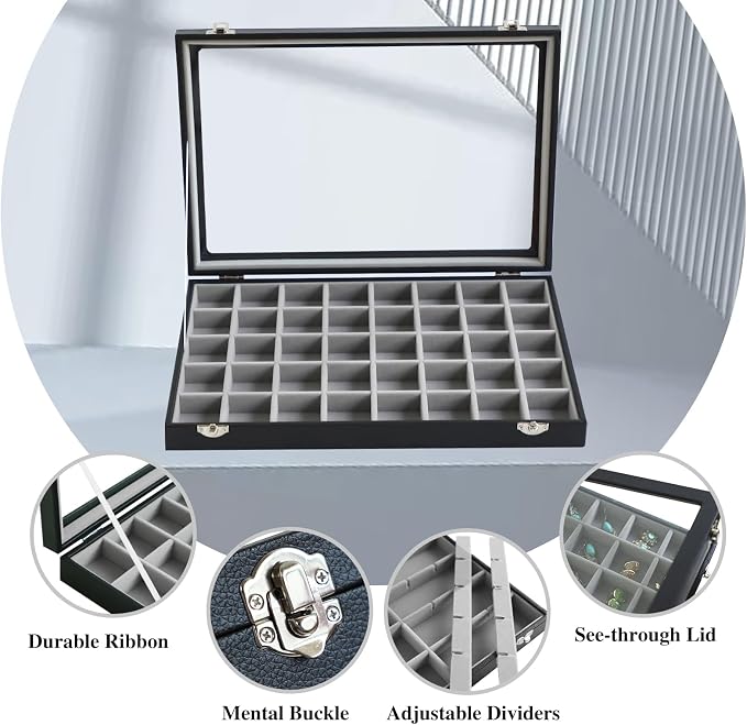 Stratalife 40 Grid Earring Organizer, Jewelry Holder Organizer with Lid | PU Leather Storage Box for Earring, Ring, Studs and Trinkets, Soft Velvet Drawer Organizer for Women, Dustproof, Gray Black