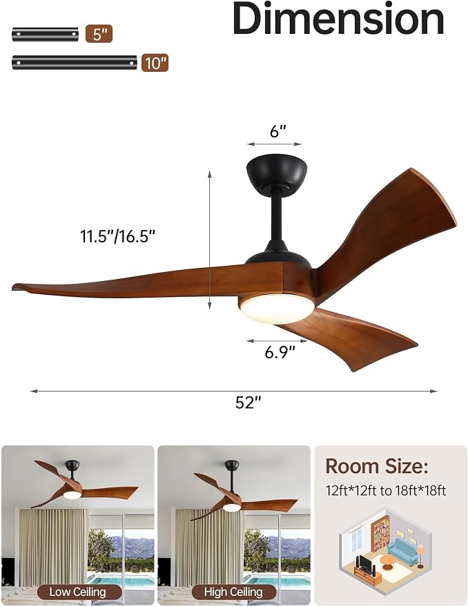 Sofucor 52 Inch Ceiling Fan with Light and Remote, Modern 3 Solid Wood Blades Ceiling Fan, 6 Speeds 5500CFM, Dimmable 3-Color LED with Memory, Timer & Quiet & Reversible DC Motor, ETL, Walnut Wood