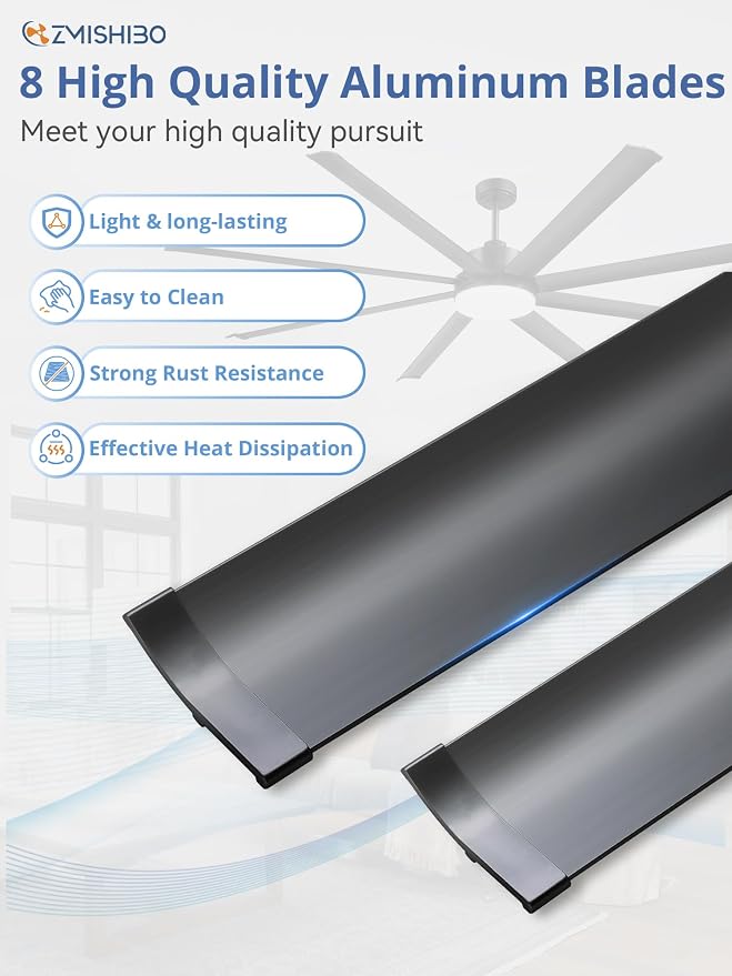 ZMISHIBO 84 Inch Ceiling Fan with Light, Smart Fan Light Compatible with Alexa, 3000-6000K Dimmable, 6 Speeds, Large Industrial Ceiling Fans with 8 Black Aluminum Blades for Patio Living Room