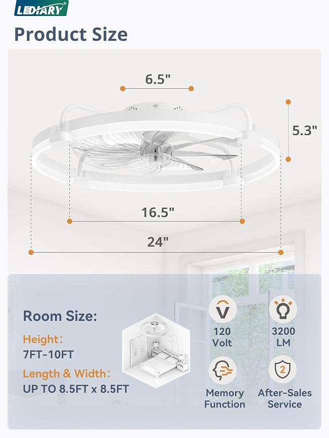 LEDIARY 2 Pack Ceiling Fans with Lights and Remote, 24'' Low Profile Ceiling Fan with Light, 3000-6000K Dimmable Fandelier LED Fan Light, 6 Wind Speeds, White Flush Mount Ceiling Fan for Bedroom