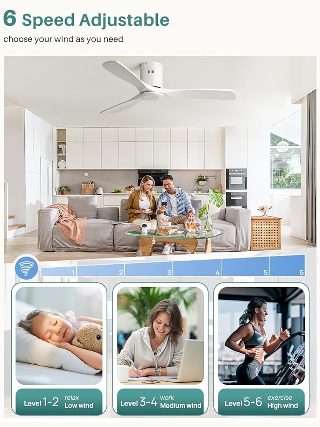 Sofucor 52 Inch Smart Ceiling Fan Without Lights Flush Mount Solid Wood Ceiling Fan with Alexa/Google Assistant/APP/Remote Control-Modern Outdoor Ceiling Fans No Light for Bedroom/Patio, White