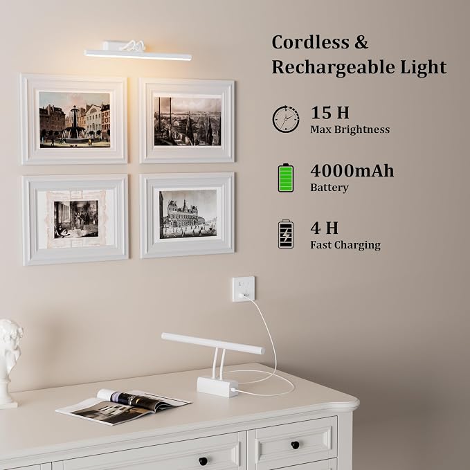 Battery Operated Picture Light for Wall, White