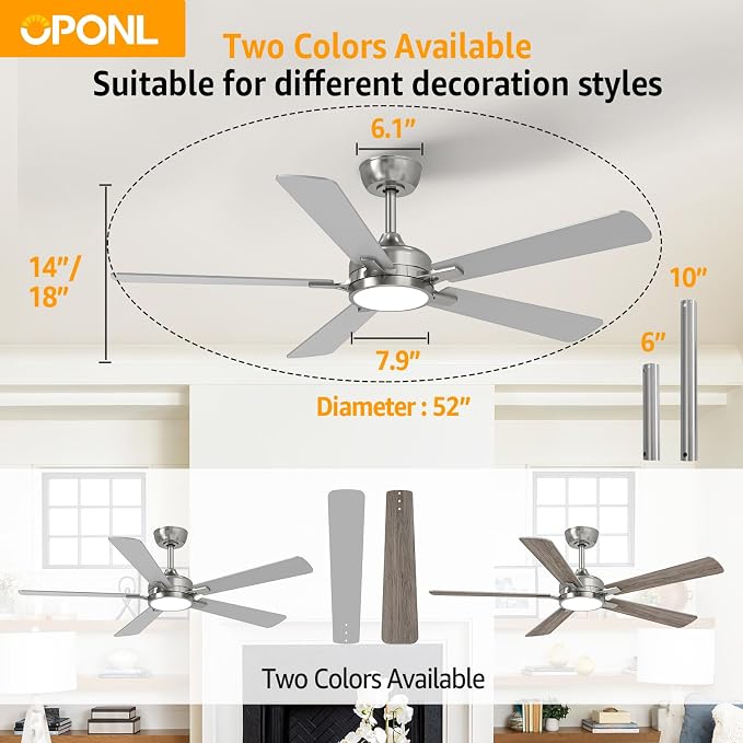 OPONL Ceiling Fan with Light, Ceiling fan with Light and Remote Control, Reversible, 6CCT, Dimmable, Noiseless, Ceiling Fan for Bedroom, Indoor/Outdoor Use, Nickel, 52 inch, Classic