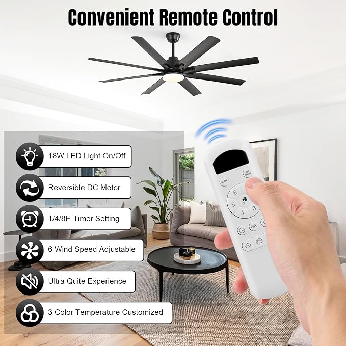 Sofucor 52 Inch Ceiling Fans with Lights, Modern Black Ceiling Fan with Lights and Remote, Reversible Quiet DC Motor, 3 CCT, ABS 8 Blades Indoor/Outdoor Fan Light for Bedroom Living Room Patio