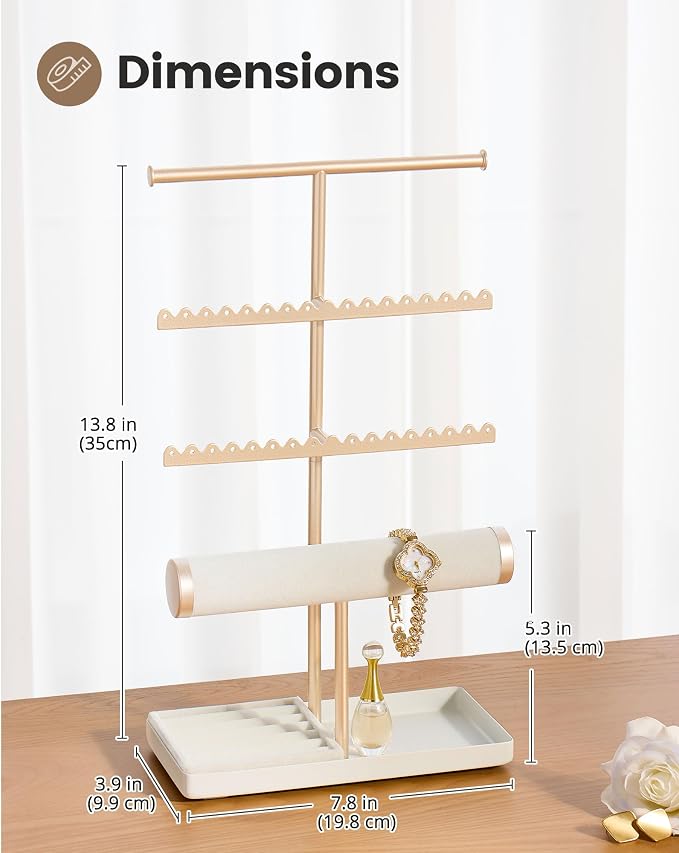 Lolalet Jewelry Organizer Stand, Necklace Bracelet Holder -Champagne Gold | Space-Saving Jewelry Display Storage Rack on Vanity Dresser for organizing Earrings Bangels Rings