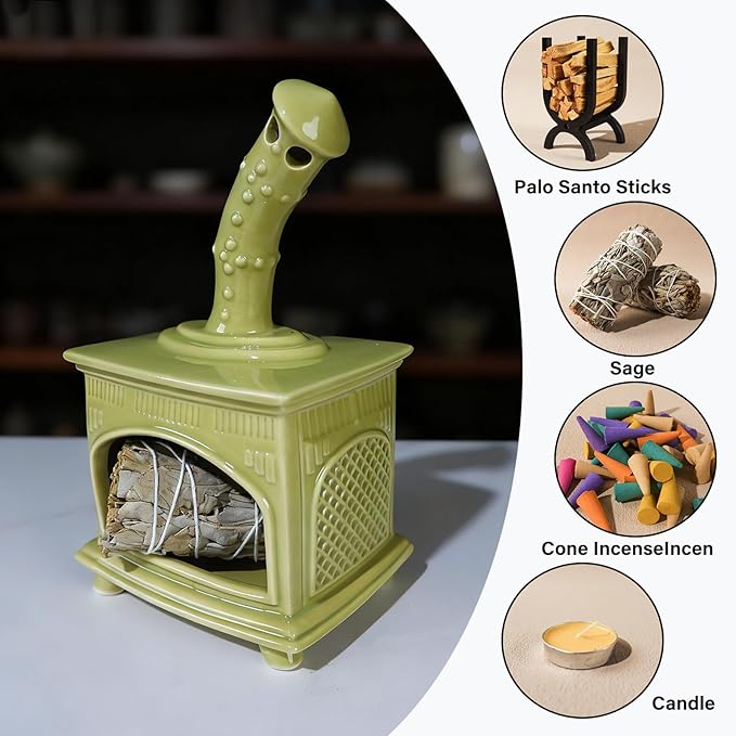 MOUGIGI Light Green Handmade Ceramic Palo Santo Holder for Yoga, Meditation & Energy Cleansing - Versatile Dish for Wood Sticks, Sage Ash Catcher & Cone Burner - Unique Gift for Meditation Enthusiasts