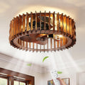 Wooden Fandelier Ceiling Fan with Light and Remote, 20" Flush Mount Caged Ceiling Fan with Light, 6 Speed Reversible Farmhouse Low Profile Ceiling Fan for Bedroom Living Room