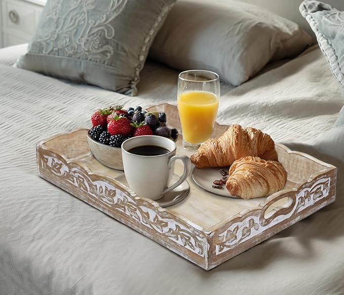 COTTON CRAFT Hand Carved Wooden Serving Tray - Breakfast Tray with Handles | White Wash Finish Decorative Dinner Tray - Rustic Intricately Detailed Unique Furnishing Accent - Food Tray - 17x13x2.75 Inch