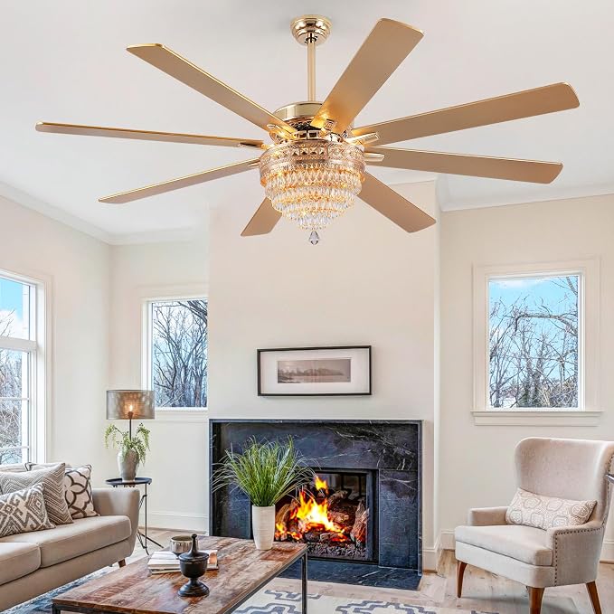 72"Large Golden Crystal Chandelier Ceiling Fans with Lights and Remote/APP | Supports Remote and APP,Reversible 6 Wind Speeds,60W Quiet AC Motor,8 Wooden Blades,4*E12 LED Bulbs Included,for Living Room