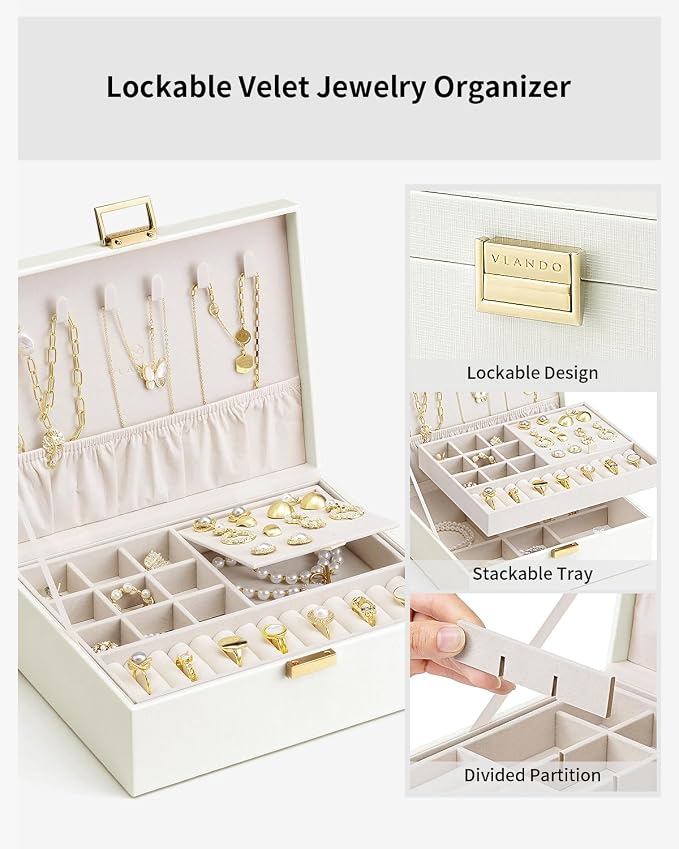 VLANDO Jewelry Box for Women, Gift for Women Girls,2 Layer Jewelry Box,Large Jewelry Organizer for Women Removable Jewelery Tray for Necklace Earrings Rings(Cream White) | Flexible Compartments, Separate Sections for Rings and Larger Pieces, Easy Every...