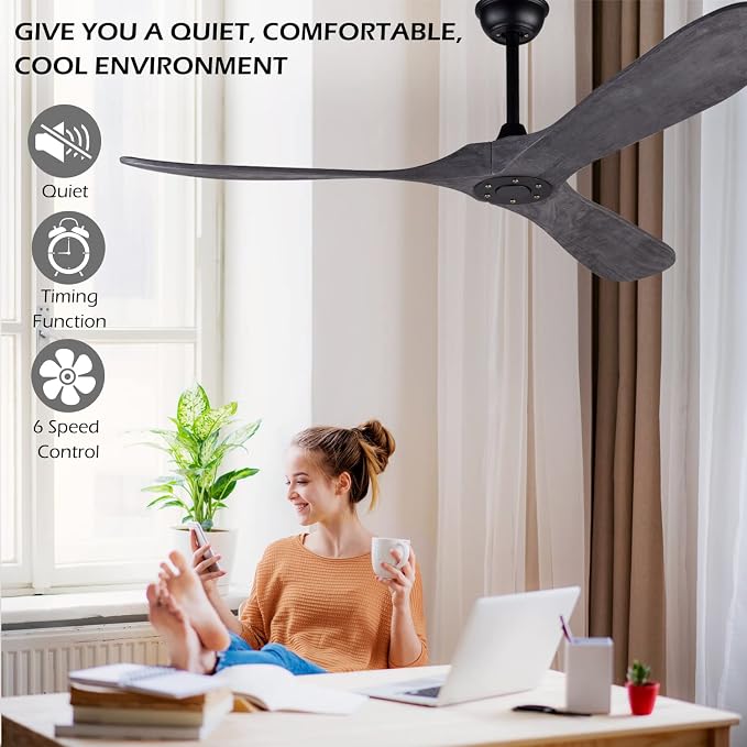 60 Inch Ceiling Fan without Light ，Wood Indoor Outdoor Ceiling Fans No Light for Patios Big Outside Farmhouse Ceiling Fan for Living Room Dining Room (Grey)