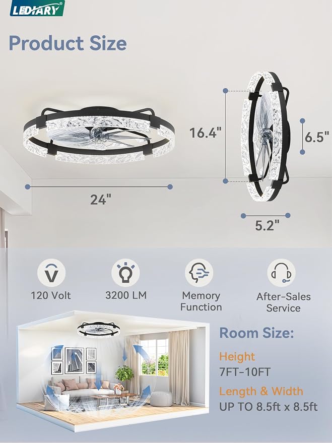 LEDIARY 24 Inch Low Profile Ceiling Fans with Lights and Remote, Flush Mount Fandelier Ceiling Fan, 3000K-6000K Dimmable LED Fan Light, Black Modern Ceiling Fans with Lights for Bedroom