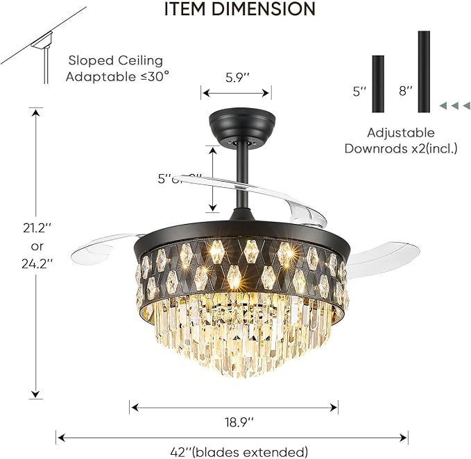 42'' Fandelier Ceiling Fan with Light, Chandelier Ceiling Fans with Lights, Crystal Ceiling Fans for Bedroom Living Room, LED Dimmable, 6 Wind Speed,3 Color Temperatures-9052 Black