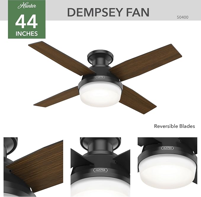 Hunter Dempsey, Outdoor or Indoor, Ceiling Fan, Quiet, 44 inch, Matte Black