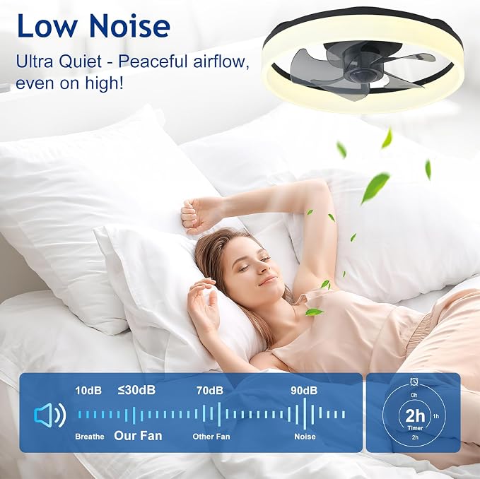 DLLT LED Ceiling Fan with Light: 16" Modern Low Profile Flush Mount Fandelier with App & Remote Control - Dimmable Black Bladeless Fan Light Fixture for Bedroom Kids Room Living Room