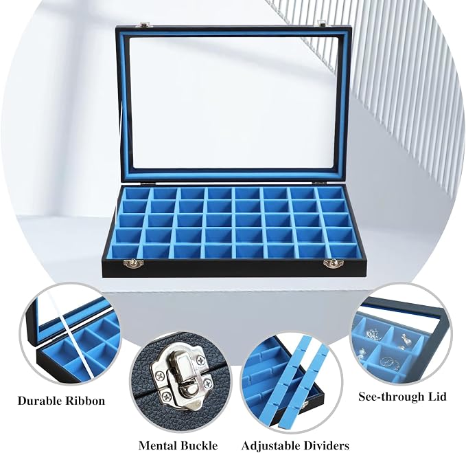 Stratalife 40 Grid Earring Organizer, Jewelry Holder Organizer with Lid | PU Leather Storage Box for Earring, Ring, Studs and Trinkets, Soft Velvet Drawer Organizer for Women, Dustproof, Blue Black