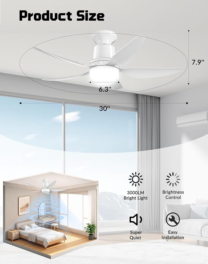 30" Socket Fan Light with Remote, Ceiling Fans with Light, Low Profile Flush Mount Ceiling Fan, 4 Speeds, 3000K-6000K Dimmable LED, Quiet Energy-Saving Motor, E26 Easy Install for Bedroom, Living Room