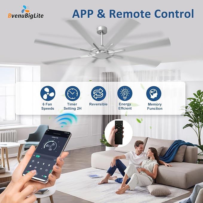 Large Ceiling Fan No Light: Modern 66 Inch 8 Blade Outdoor Ceiling Fans with Remote APP Control - Silver Big Fan without Light Indoor Reversible 6 Speed Quiet DC Motor