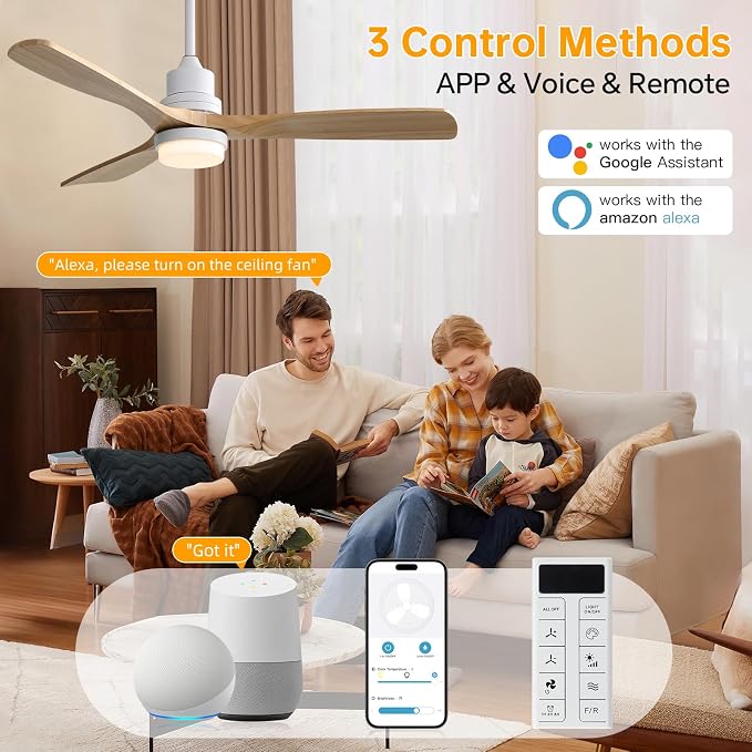 Sofucor Smart Ceiling Fan, 52" Low Profile Ceiling Fans with Lights and Remote, Compatible with Alexa/Google/App, 3-Color Light 6-Speed DC Motor Reversible Timer for Bedroom Living Room Patio Outdoor