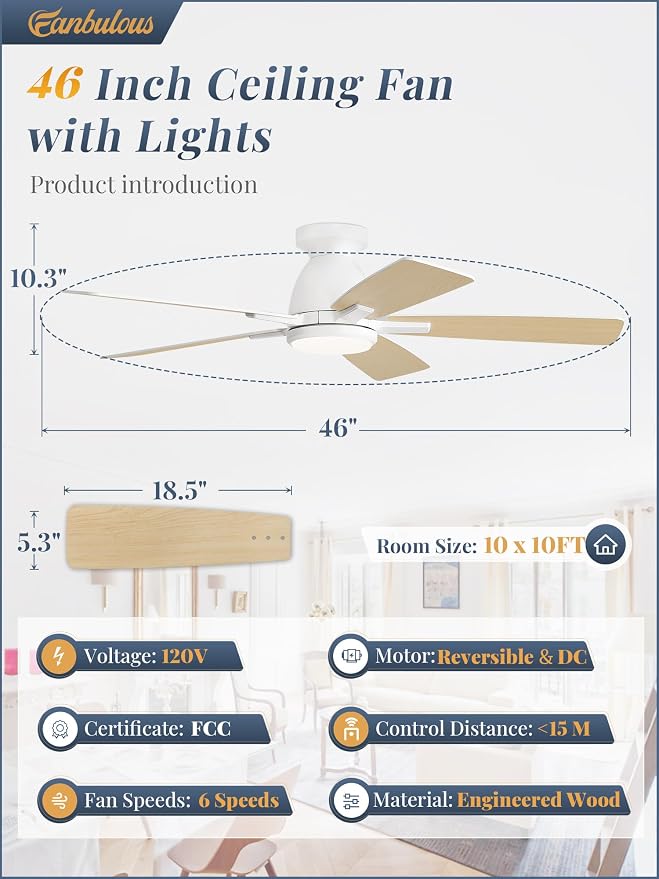 Fanbulous 46 inch Ceiling Fans with Lights, Flush Mount Ceiling Fan and Remote, Modern Low Profile, 3CCT 20W LED Light with 6-Speeds Quiet Reversible Motor, for Bedroom, Living Room, Apartment, White