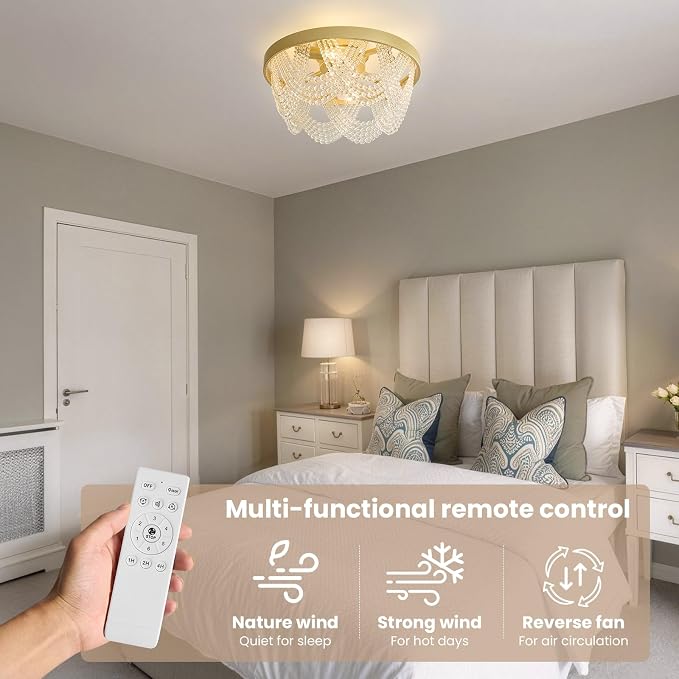 Crystal Caged Ceiling Fans with Lights Flush Mount, 20 inch Crystal Fandelier Ceiling Fan with Light and Remote, Chandelier Modern with Lights for Bedroom, Dining Room, Living Room