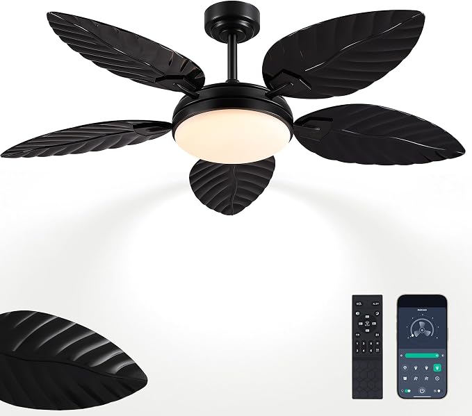 GJeg Tropical Ceiling Fans with Lights and Remote,52Inch Outdoor Palm Leaf Ceiling Fan for Patios Porch Bedroom, Dimmable LED Light, 6 Speeds, Reversible,Black