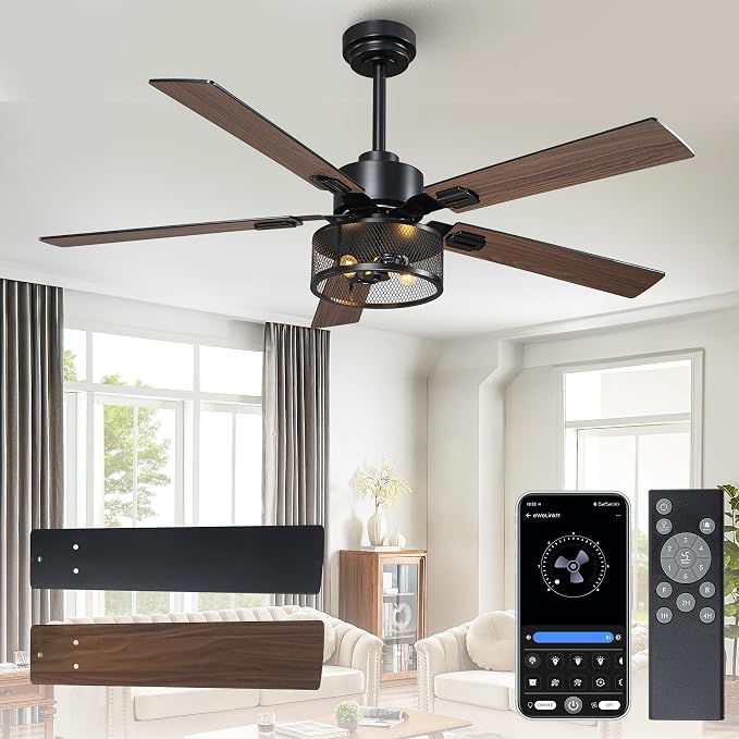 52 Inch Farmhouse Ceiling Fan with Light and Remote, Rustic Caged Ceiling Fans with 6-Speed Reversible Motor, 5 Dual Finish Blades, Outdoor Ceiling Fan for Living Room Bedroom Patio