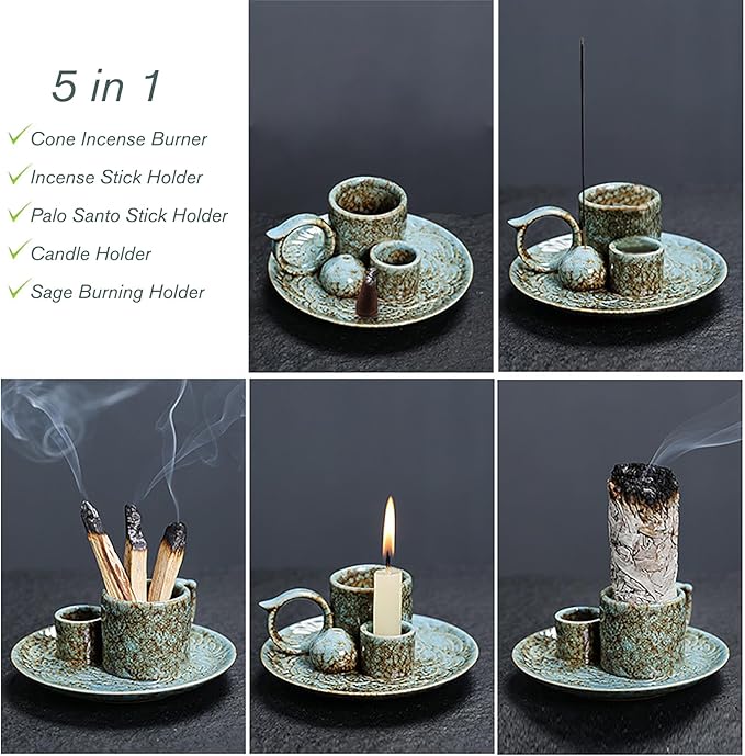 4 in 1 Ceramic Incense Burner Holder with Handle for Burning Sage, Palo Santo Stick, Joss Sticks, Candle in Your New House, Office, Yoga, Meditation Room (Speckled Blue)