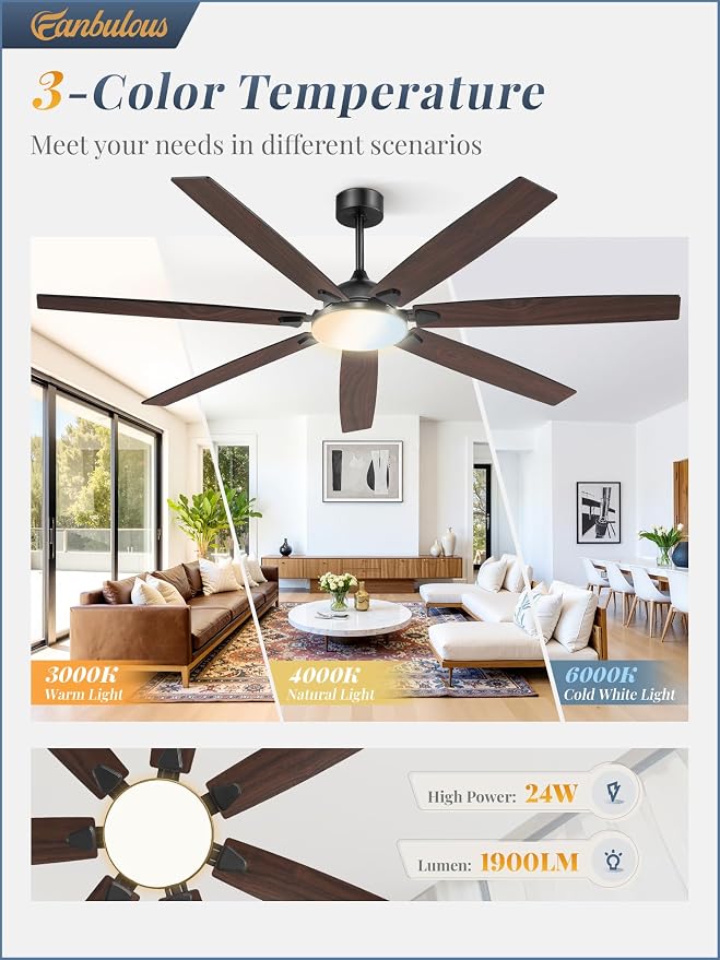 Fanbulous 72 Inch Large Ceiling Fans with Lights, Black Modern Ceiling Fan with Quiet DC Motor, 3CCT, Indoor/Outdoor Ceiling Fan with Dual Finish Reversible 7 Blades, Timer for Living Room, Patio