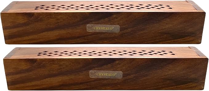 2 Pack Wooden Coffin Incense Sticks Burner - 12 Inches Brass Inlays - Storage Compartment (Net Carving)