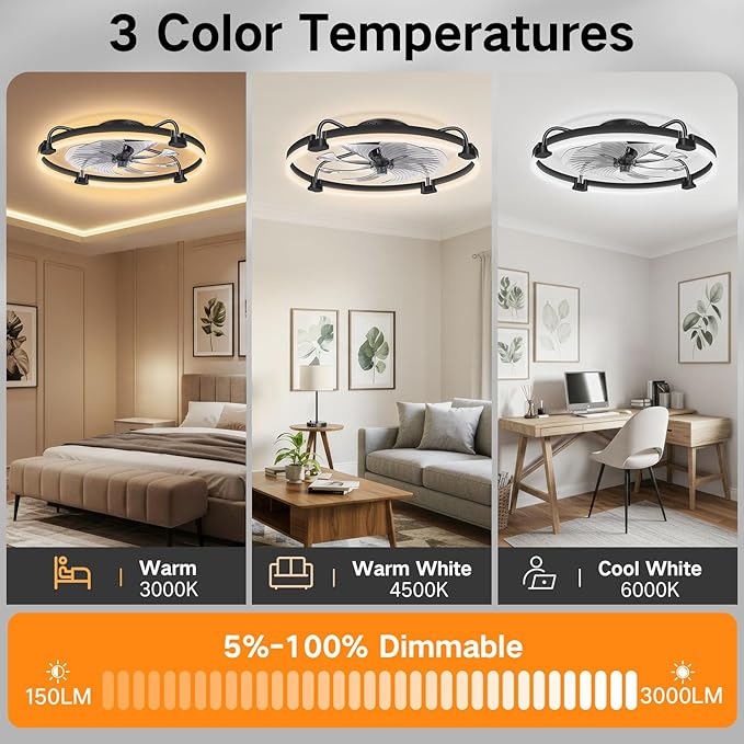 OUTON 24" Ceiling Fan with Light, Remote & App Control, Fandelier Low Profile Flush Mount Ceiling Fan with 3000K-6500K Stepless Dimmable, 6 Speed, Quiet DC Motor, Modern Ceiling Fans for Bedroom Black