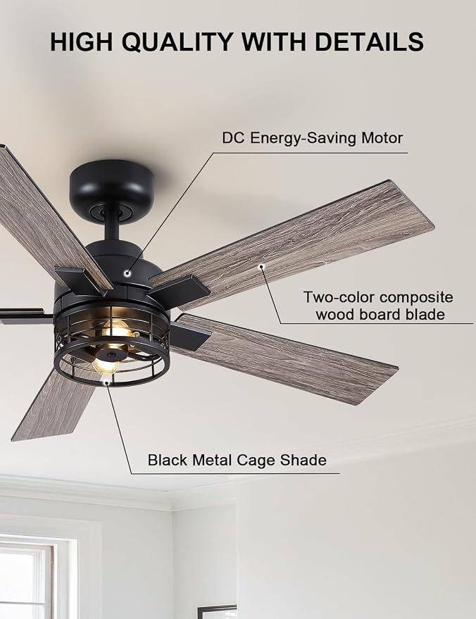 46 Inch Farmhouse Ceiling Fans with Lights and Remote, Black Industrial Caged Rustic Ceiling Fans for Bedroom, Living Room, 6-Speed Reversible Quiet DC Motor, Rustic Design