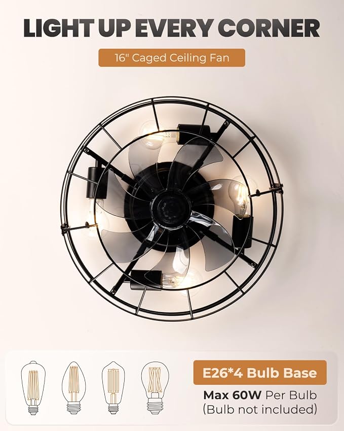 Caged Ceiling Fan with Light, 16 Inch Farmhouse Round Flush Mount Fan Lights Ceiling Fixtures, Need Assembly, 6 Speeds Reversible Motor Small Bladeless Ceiling Fans for Bedroom, Living Room