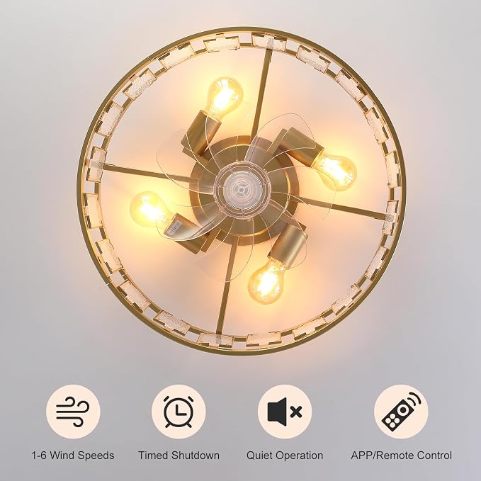 Garwarm 20IN Caged Ceiling Fan with Light,Flush Mount Ceiling Fans with Lights and Remote,Bladeless Fandelier Low Profile Ceiling Fan Light Fixture for Bedroom,Kitchen,Dining Room, Gold