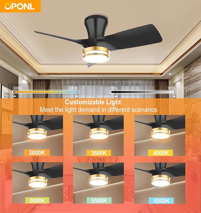 OPONL Ceiling Fan with Light, 30 inch Low Profile Ceiling fan with Light and Remote Control, Reversible, 6CCT, Dimmable, Noiseless, Black Ceiling Fan for Bedroom, Indoor/Outdoor Use, Modern