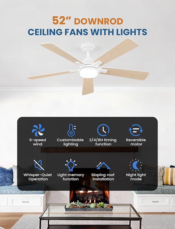 52 Inch Ceiling Fan with Lights and Remote, Downrod Mount, Sloped Ceiling Compatible up to 15°, Quiet Reversible DC Motor, 3CCT Dimmable LED, White Ceiling Fan for Bedroom Living Room