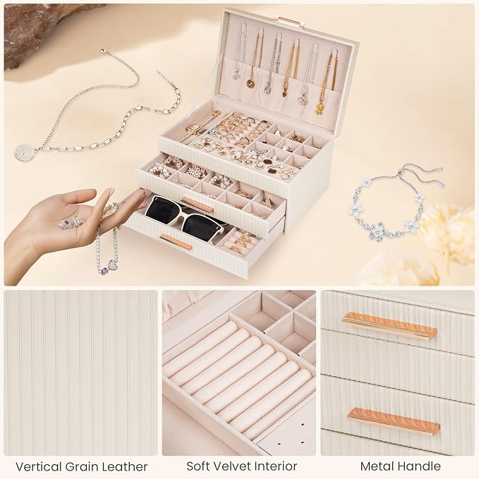 Dajasan Jewelry Box Organizer, 3-Tier Jewelry Storage Organizer with 2 Drawers, Large Jewelry Boxes for Women, PU Leather Surface with Texture, Gift Idea, Modern Style (Beige)