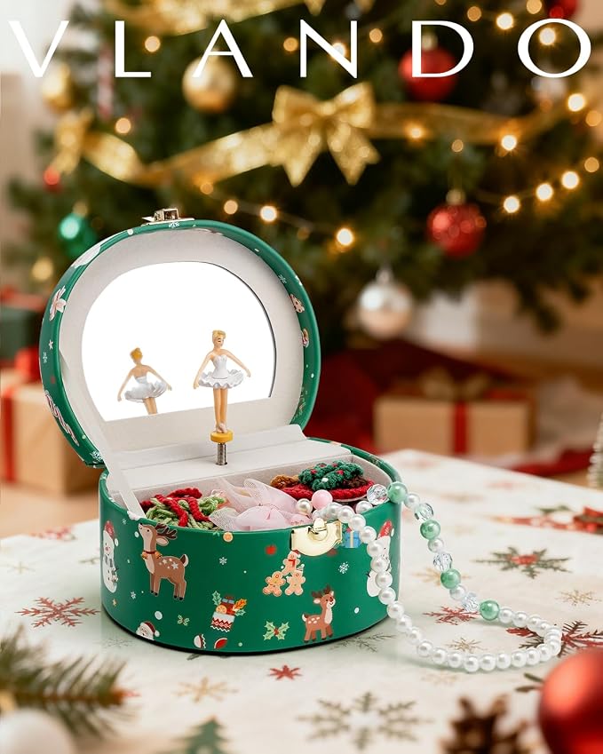 VLANDO Gifts for Girl, Musical Jewelry Box for Girls, Small Kid Music Box with Ballerina for Party Bedroom Decor, Gifts for Girls Kids - Christmas Green