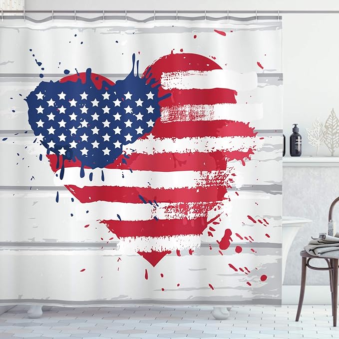 Ambesonne Americana Shower Curtain, USA Flag in Heart Shape on Wood Holiday Splattered Grunge Style Illustration, Cloth Fabric Bathroom Decor Set with Hooks, 69" W x 70" L, Cream Blue