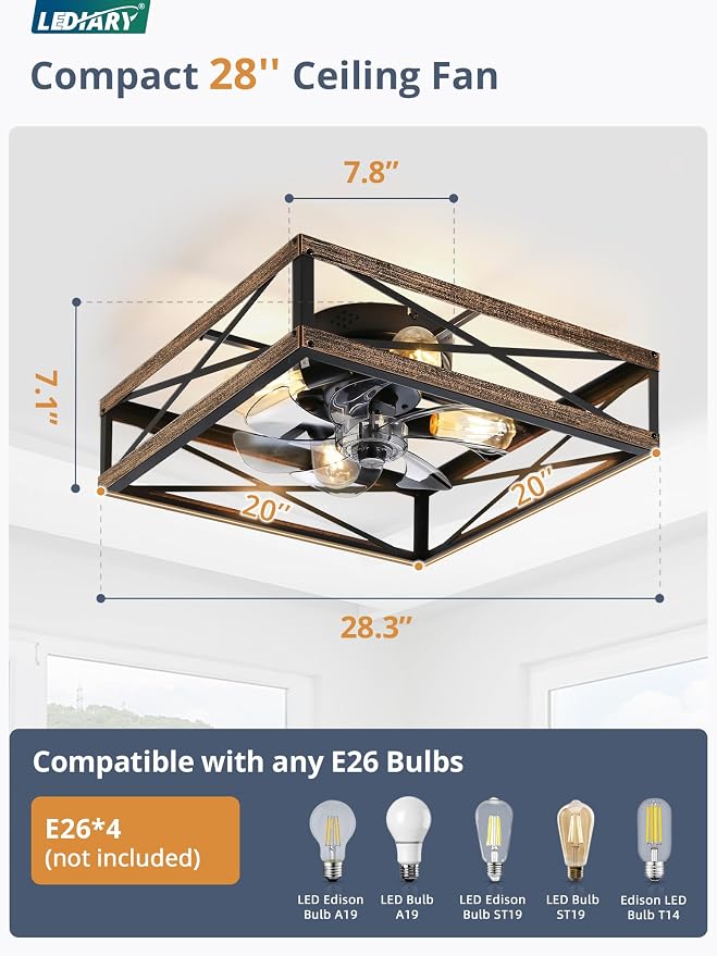 LEDIARY 20” Caged Low Profile Square Ceiling Fans with Lights and Remote | 6 Speed and Reversible, Small Farmhouse Rustic Bladeless Ceiling Fan Flush Mount for Bedroom, Kitchen, Dining Room