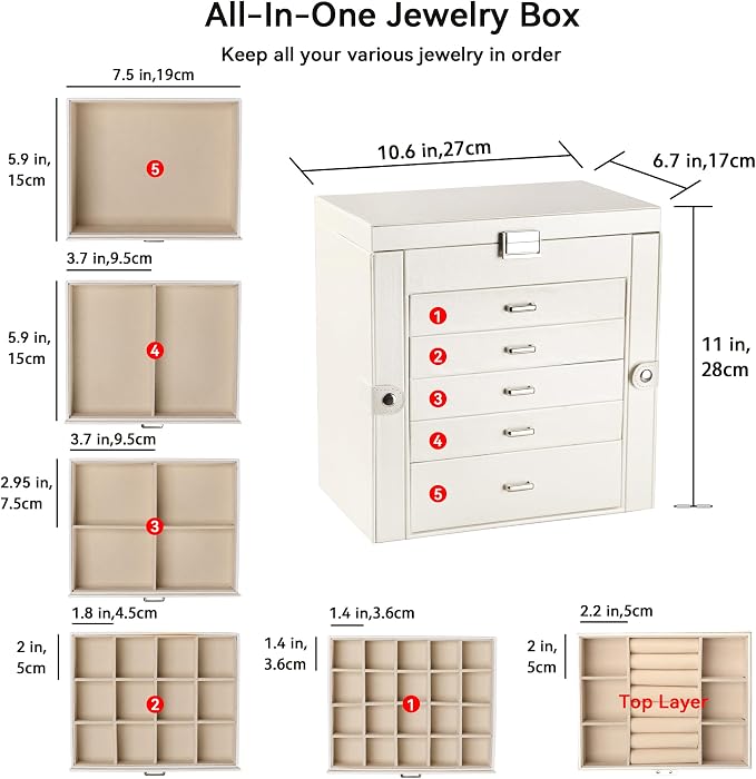 Frebeauty 6-Layer Jewelry Box for Women,Large Jewelry Organizer with Drawer | Faux Leather,Built-in Mirror,Spacious Jewelry Storage,16 Necklace Hooks,Organizing by Category for Rings Earrings Bracelet