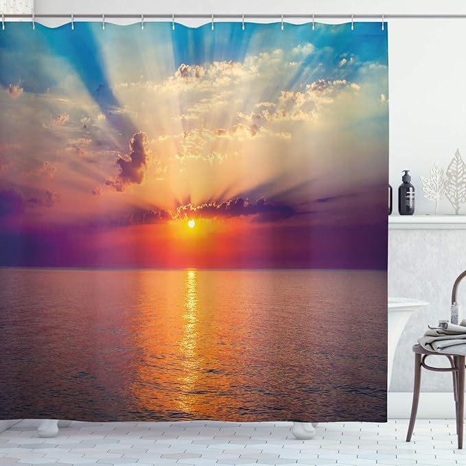 Ambesonne Ocean Shower Curtain, Majestic Sunrise in Tranquil Sea Horizon Dawn Rays Clouds Water Reflection, Cloth Fabric Bathroom Decor Set with Hooks, 69" W x 84" L, Orange Purple Blue