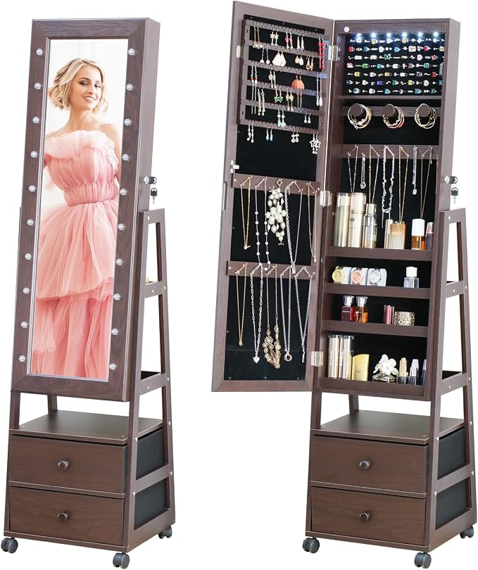 Jewelry Armoire Cabinet Organizer Standing with 20 LED Lights Lockable Full Length Mirror with Storage Shelves and 2 Drawers (Brown) Adjustable Tilt Angles Gift for Her